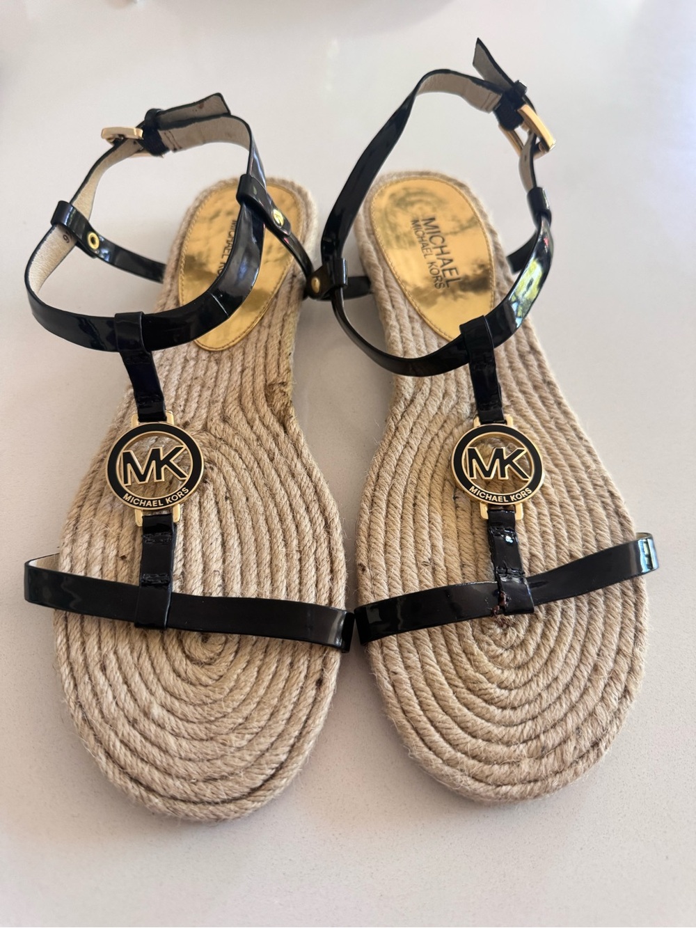 Michael Kors Black Patent Rope-Trim T-Strap Sandals with Gold MK Medallions